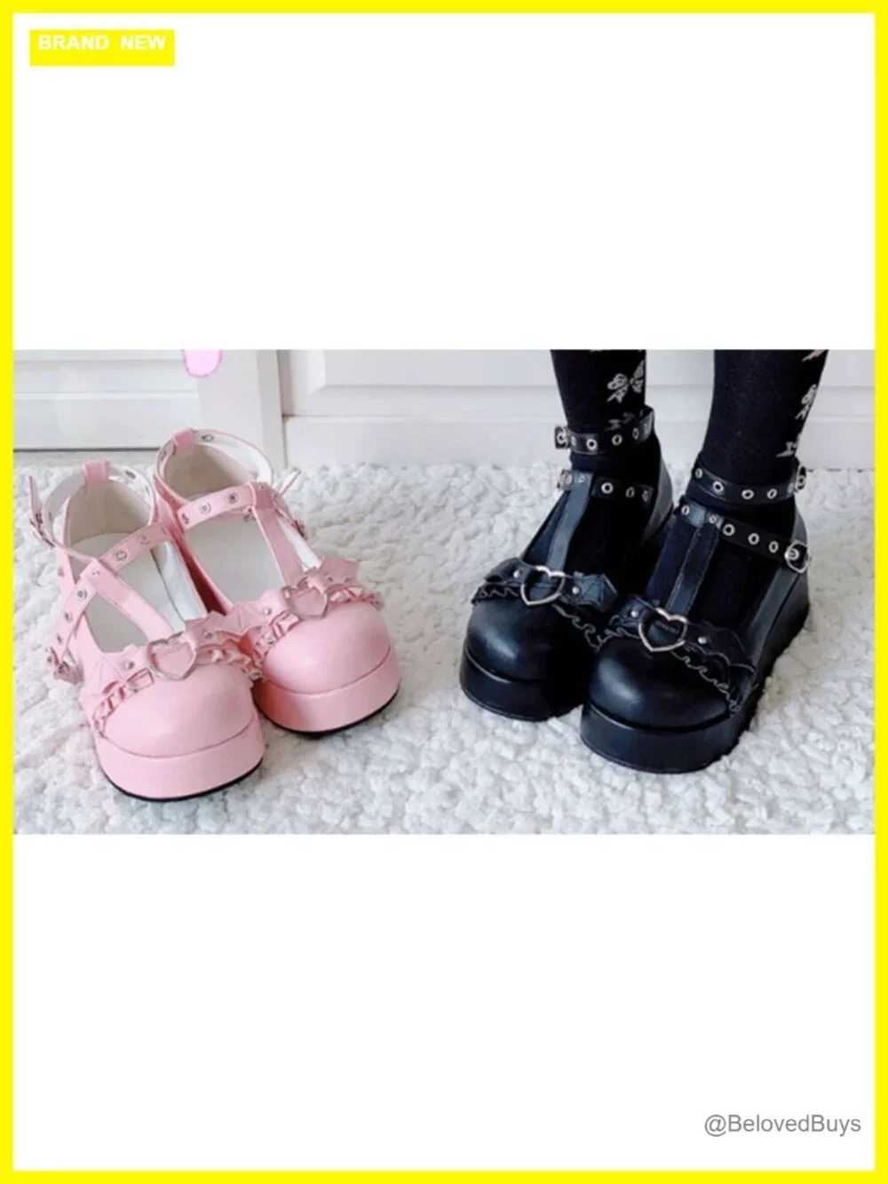 Platform Mary Jane Pumps with Heart Buckle Gothic Chunky Heel Shoes